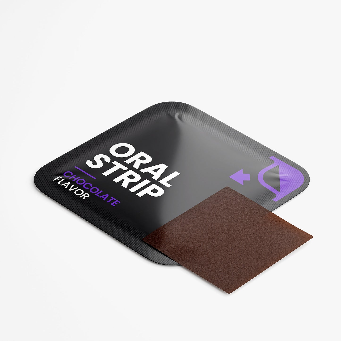 Chocolate flavored oral strip packaging on a white background