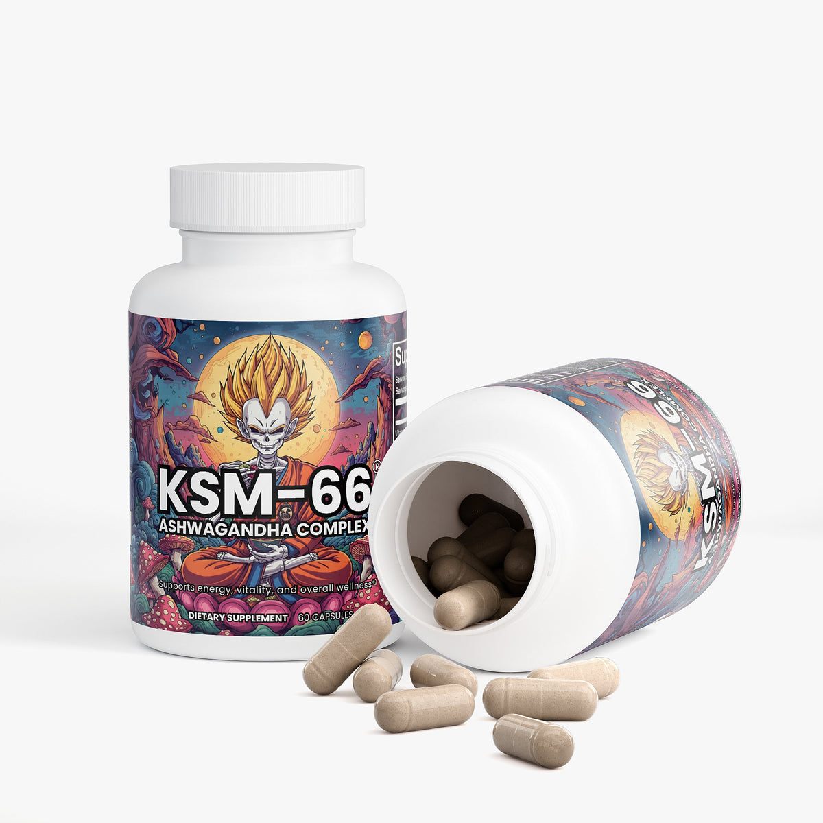 KSM-66 Ashwagandha Complex dietary supplement bottle with open lid showing pills on a white background