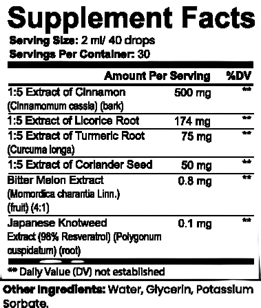 Supplement facts label with various extracts and their amounts per serving.
