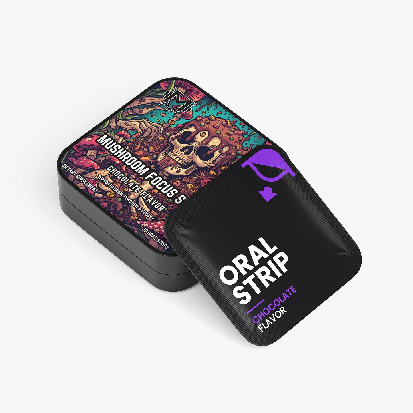 Mushroom focus oral strip packaging with colorful label and black box on a white background