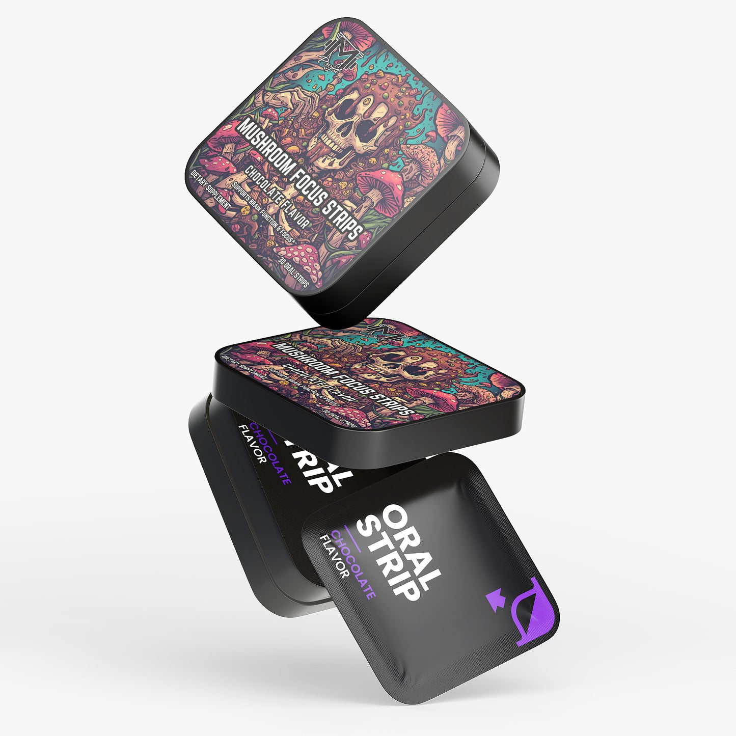 Three black containers with colorful designs and text on a white background