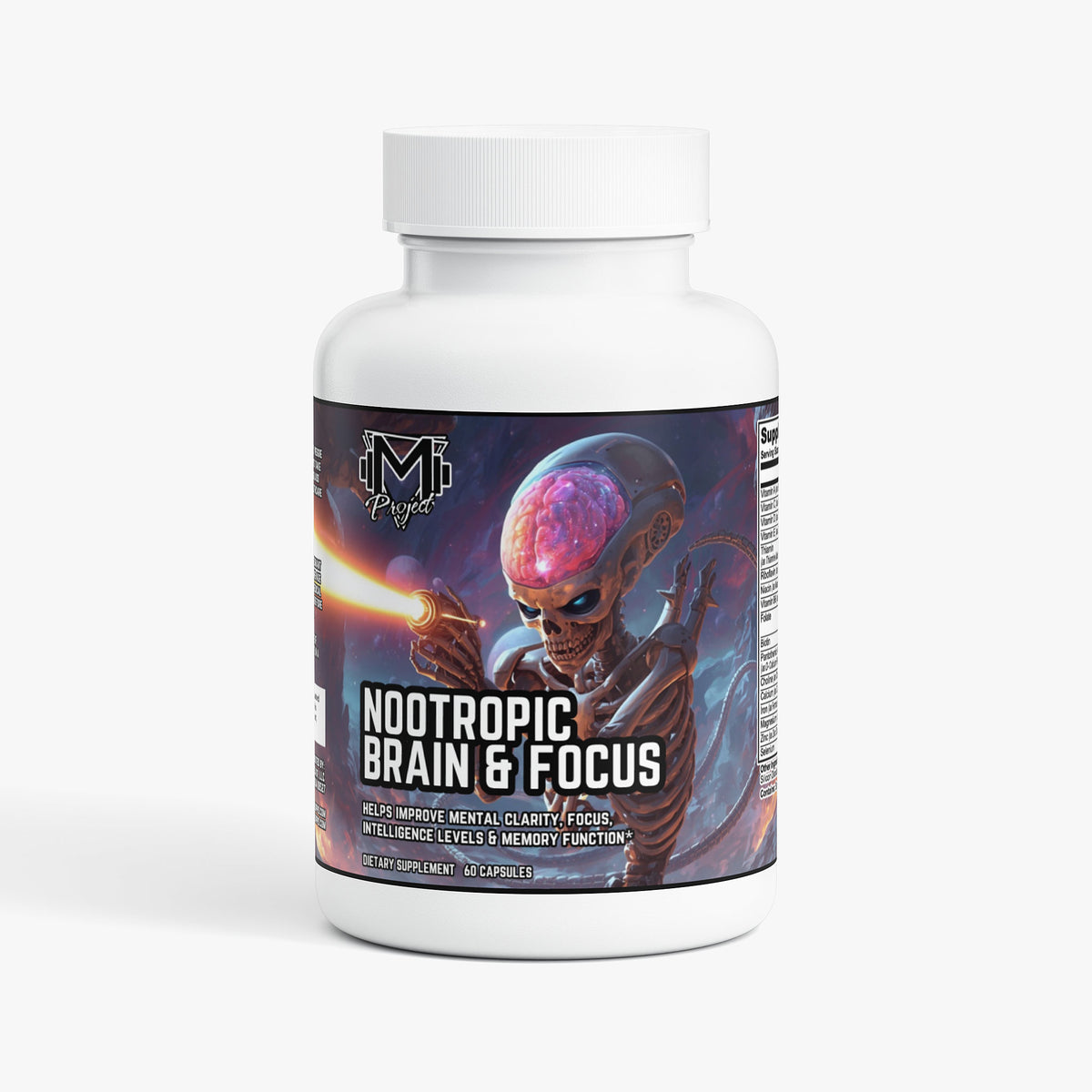 A white plastic supplement bottle with a ribbed white cap, featuring a sci-fi label for 'Nootropic Brain & Focus' by the brand M-Project. The label depicts a detailed illustration of a futuristic alien with a glowing pink brain against a dark space background.