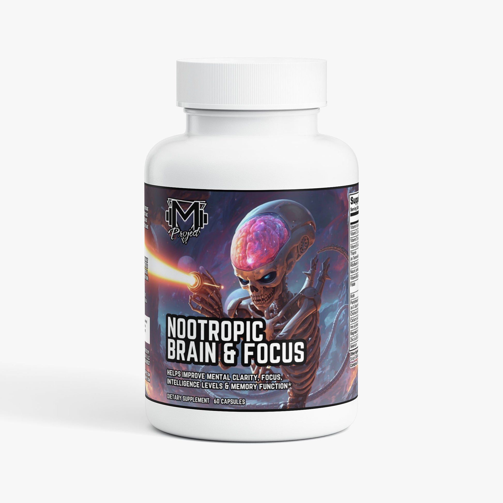 A white plastic supplement bottle with a ribbed white cap, featuring a sci-fi label for 'Nootropic Brain & Focus' by the brand M-Project. The label depicts a detailed illustration of a futuristic alien with a glowing pink brain against a dark space background.