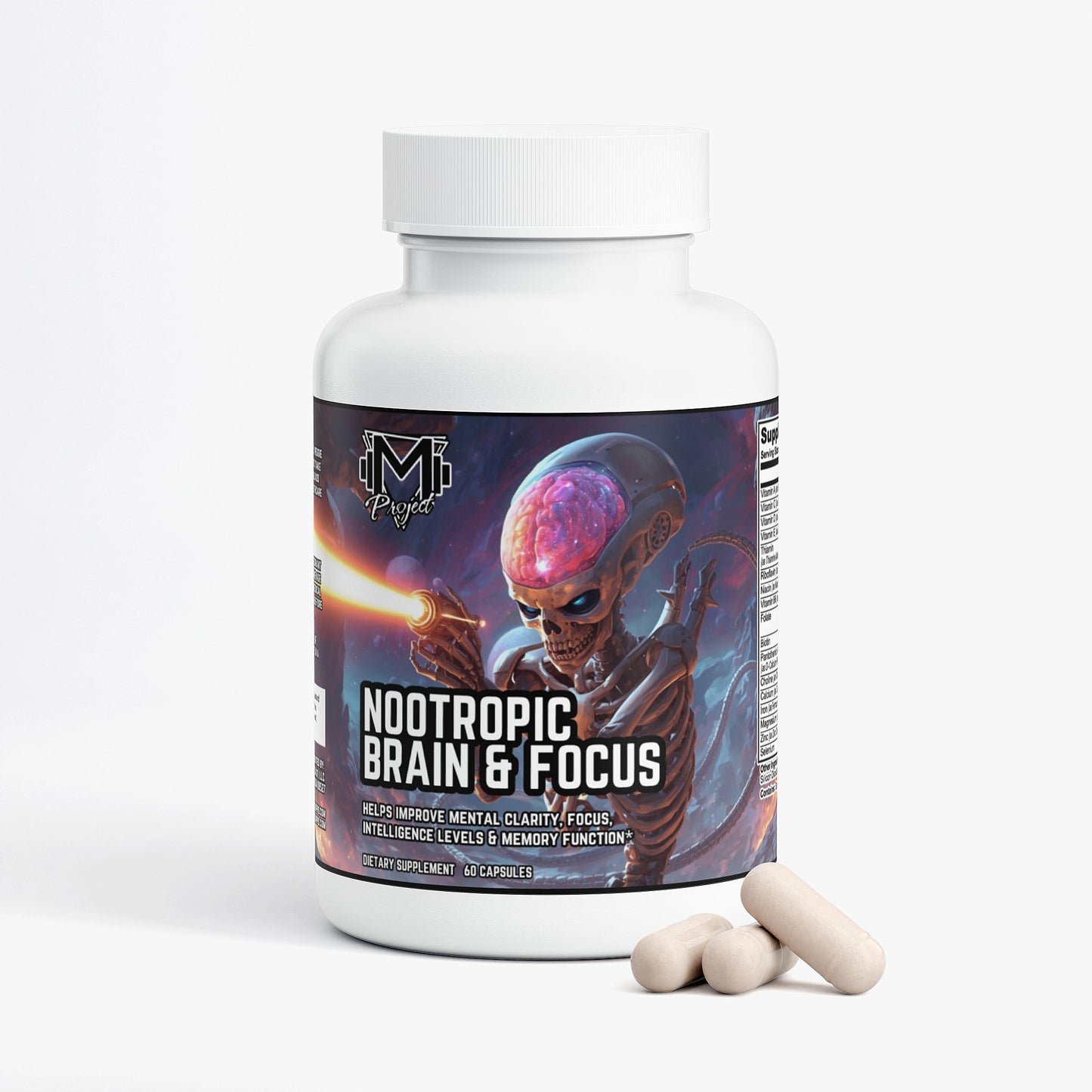 A white plastic bottle of M-Force Nootropic Brain & Focus supplement with three beige capsules resting in front of it on a clean white background.
