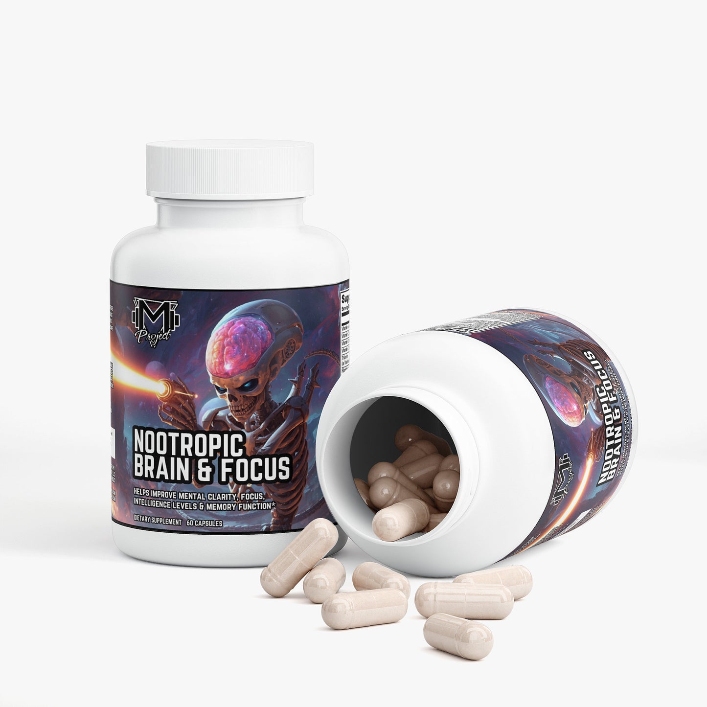 A white supplement bottle labeled 'Nootropic Brain & Focus' stands upright next to an overturned bottle showing beige capsules inside, with several capsules scattered in front on a light gray background.