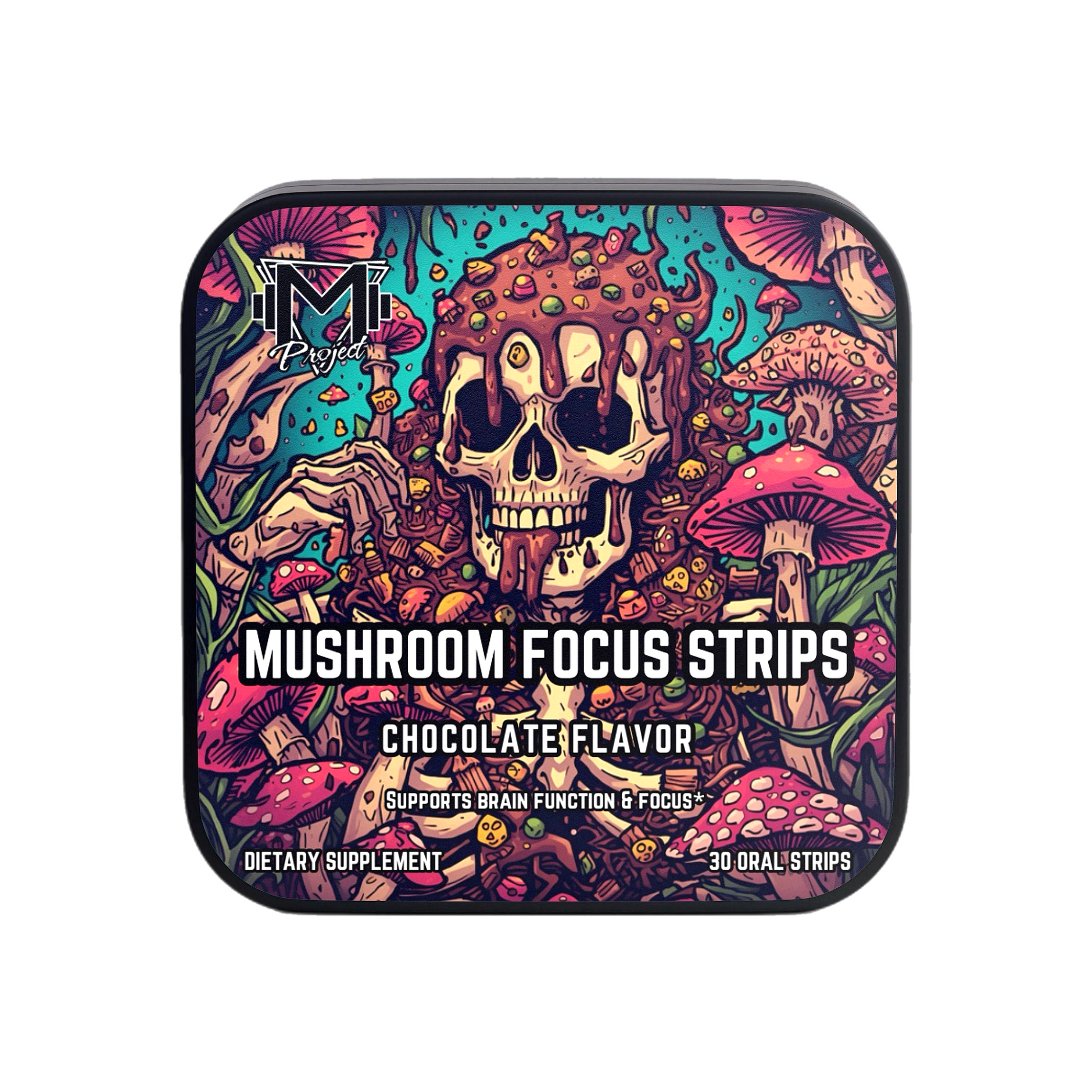 Mushroom focus strips packaging with colorful design and text on a white background