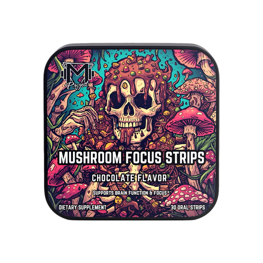 Mushroom focus strips packaging with colorful design and text on a white background