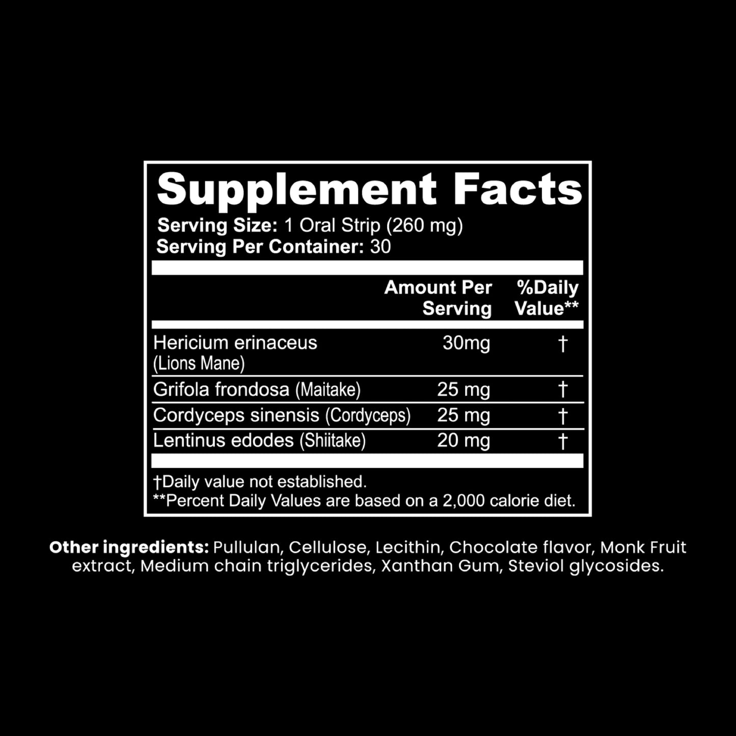 Supplement facts label with ingredients on a black background