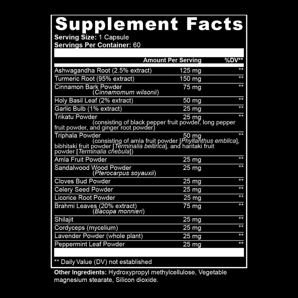 Supplement facts label with detailed ingredient list on a black background
