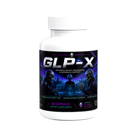 A white plastic bottle of GLP-X dietary supplement with a black and purple label, shown on a plain white background.