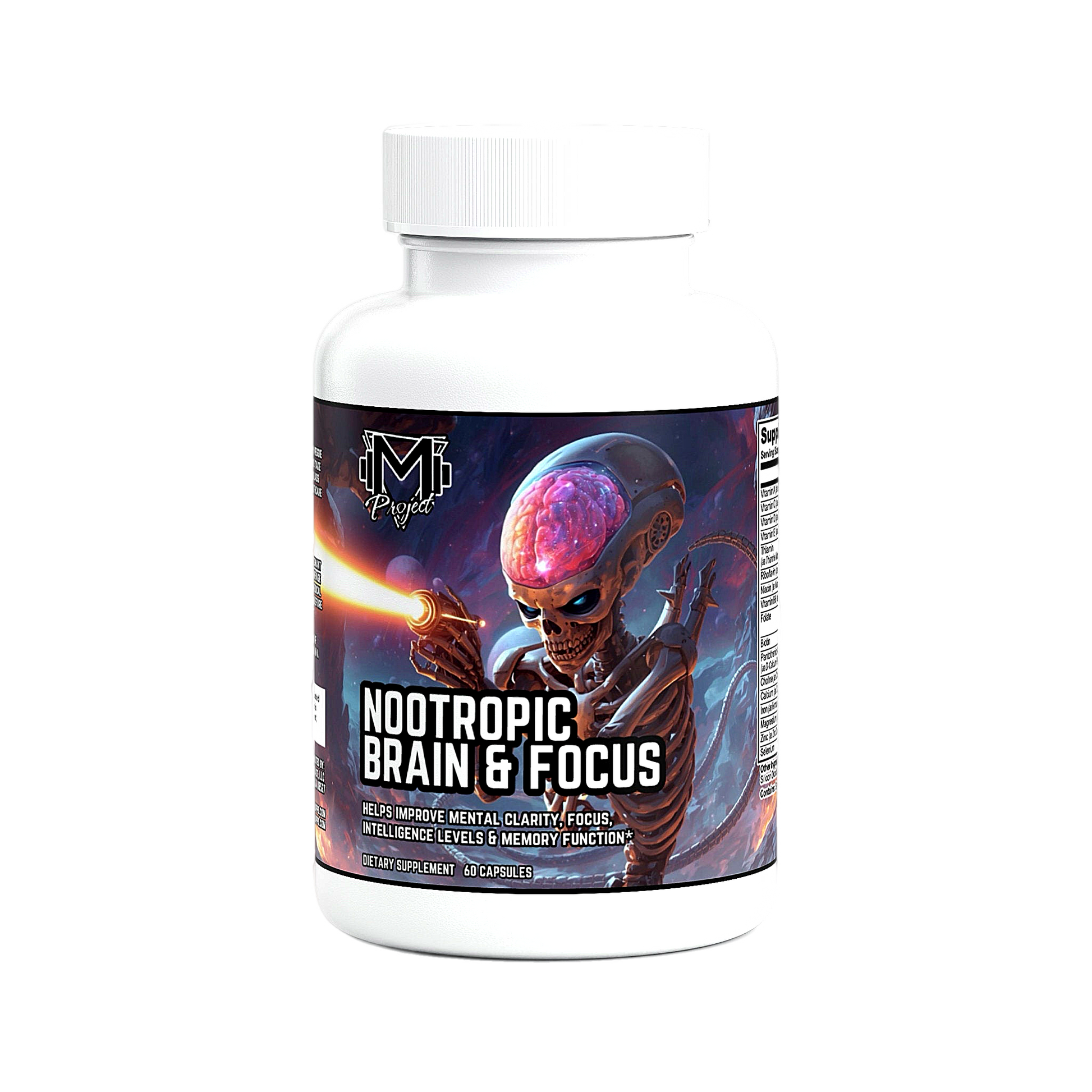 A white plastic bottle of 'Nootropic Brain & Focus' dietary supplement by the brand 'Majestic Labs', featuring a colorful alien-themed label on a plain white background.